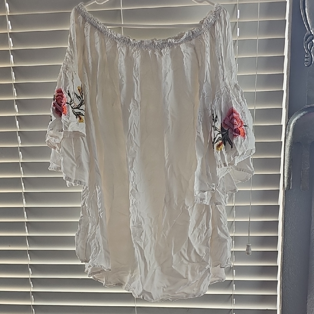 White Off-Shoulder Top with Floral Embroidery
